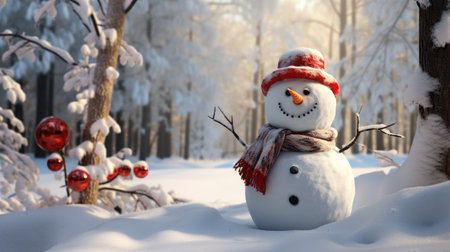 Funny snowman in the snowy forest. Sunny winter day. Generative AIの素材