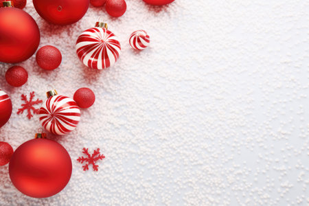 Festive Christmas background with candy cane and ornaments, in red style by generative AIの素材