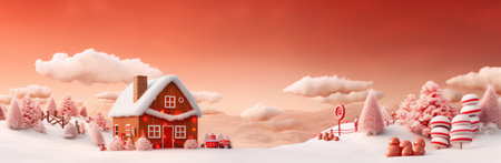 Christmas illustration of a gingerbread house on a red background by generative AIの素材