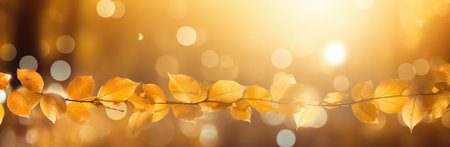 Horizontal image with golden sunny leaves. Autumn time. Generative AIの素材