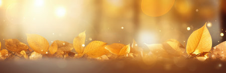 Horizontal image with golden sunny leaves. Autumn time. Generative AIの素材
