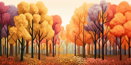 Beautiful sunny landscape in the autumn. Golden and orange tones. Generative AIの素材