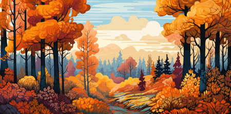 Beautiful sunny landscape in the autumn. Golden and orange tones. Generative AIの素材