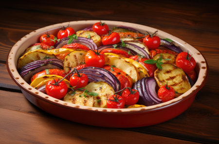 Delicious platter of baked vegetables on a wooden table. Generative AIの素材