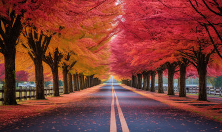 Autumn forest road with red leaves and sunbeams in the background. Generative AIの素材