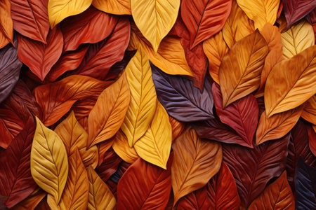 Beauty of autumn with a fall foliage background. A vibrant palette of red, orange, and yellow leaves. Generative AIの素材