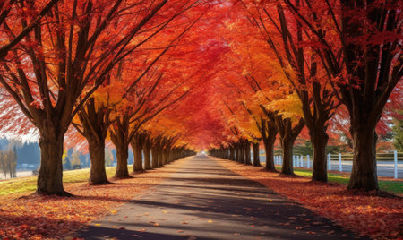 Autumn forest road with red leaves and sunbeams in the background. Generative AIの素材