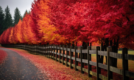 Long wooden fence with many trees colorful leaves. Beautiful autumn. Generative AIの素材