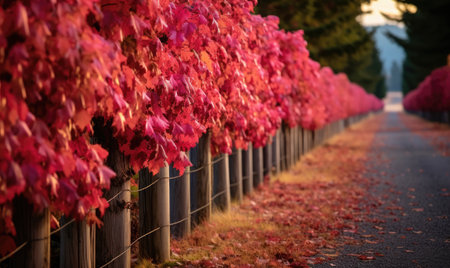 Long wooden fence with many trees colorful leaves. Beautiful autumn. Generative AIの素材