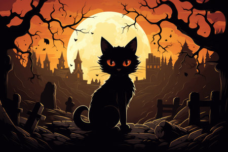 Kitty cat sitting in front of a full moon. Dark colors. Generative AIの素材