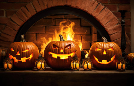 Dark halloween pumpkin with candles in the fireplace. Decoration at home. Generative AIの素材