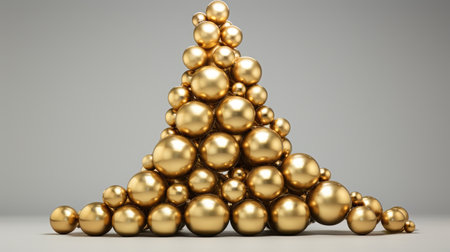 Golden stacked shiny Christmas balls on a light background. Generative AIの素材