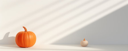 Orange pumpkin on a white background with shadows. Horizontal seasonal thanksgiving image. Generative AIの素材