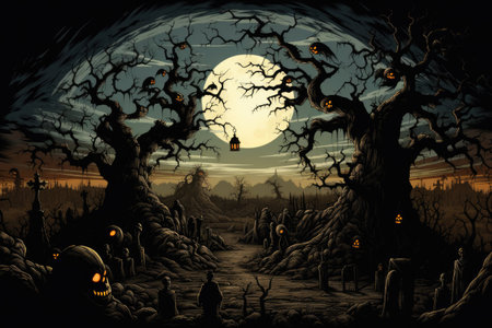 Scary image with a big moon on the background of a dark forest. Generative AIの素材