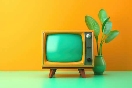Vintage TV with colorful wall. Decoration concept. Generative AIの素材