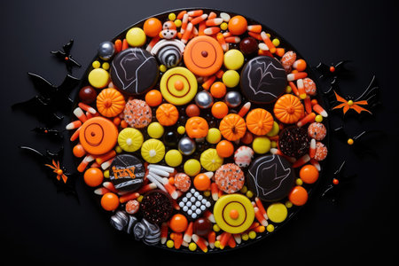 Candy for Halloween in a circle. Orange and yellow colors on a black background. Generative AIの素材