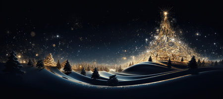 Abstract Christmas card with an illuminated big tree on a dark background. Generative AIの素材