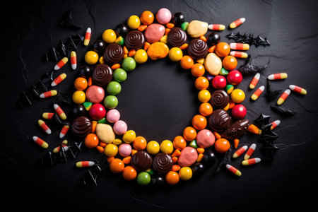 Candy for Halloween in a circle. Orange and yellow colors on a black background. Generative AIの素材