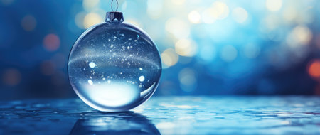 Transparent Christmas ball on a blue background with lights. Seasonal decoration. Generative AIの素材