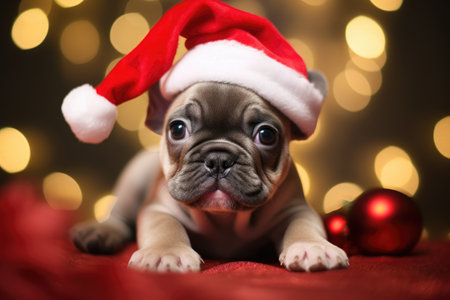 French Bull Dog wearing a Red Christmas Hat with many lights on the background. Generative AIの素材
