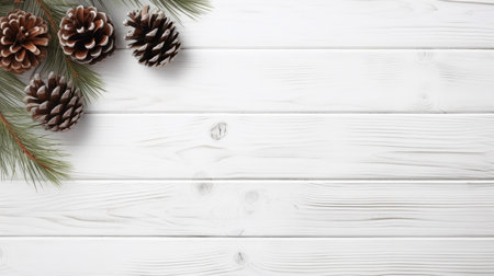 Christmas card with beautiufl natural decoration on wooden background. Pine cones, red berries and pine tree branches. Generative AIの素材