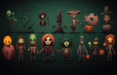 Different terrifying characters on a green background. Halloween season. Generative AIの素材
