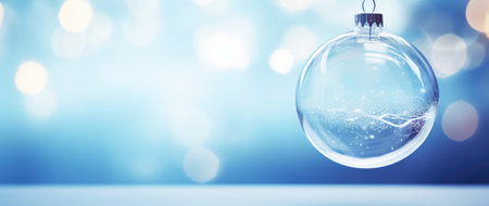 Transparent Christmas ball on a blue background with lights. Seasonal card. Generative AIの素材