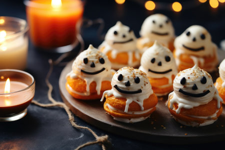 Halloween baking on a dark background. Different desserts and small seasonal cakes. Generative AIの素材