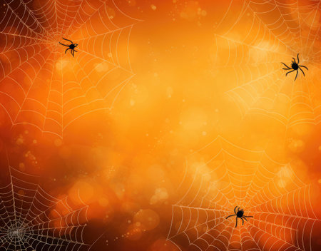 Spider web on an orange background. Halloween backdrop. Orange color. Generative AIの素材