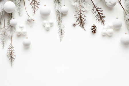 Christmas card with a snowy branch with decoration on a white background. Generative AIの素材