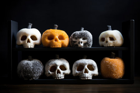Halloween baking on a dark background. Different desserts and small seasonal cakes. Generative AIの素材