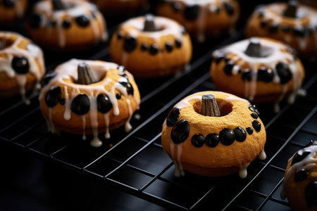 Halloween baking on a dark background. Different desserts and small seasonal cakes. Generative AIの素材