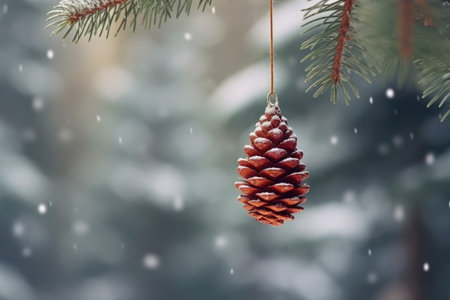 Christmas ball hanging on a snowy branch outside. Natural seasonal decoration. Generative AIの素材