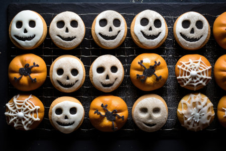 Halloween baking on a dark background. Different desserts and small seasonal cakes. Generative AIの素材