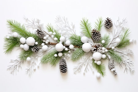 Christmas card with a snowy branch with decoration on a white background. Generative AIの素材
