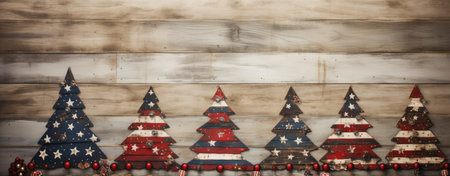Many beautiful Chrismas trees on a wooden background. Xmas decoration. Generative AIの素材