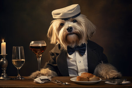 Funny dog wearing a black bow tie drinking a wine. Generative AIの素材