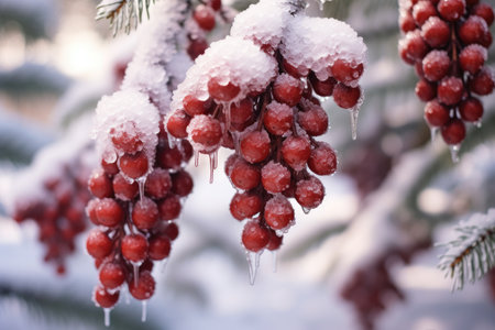 Natural decoration in the forest. Snowed pine cones hanging from the pine trees. Christmas picture card. Generative AIの素材