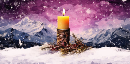 Beautiful candle on the snow With Christmas Decoration. Xmas backdrop. Generative AIの素材