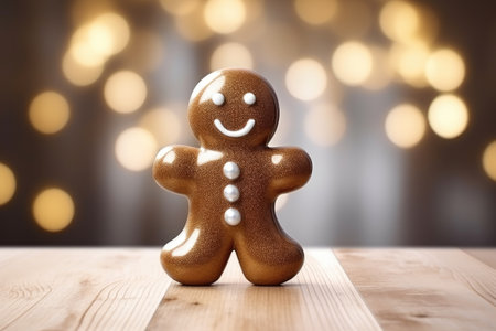 Funny gingerbread man cookie. Christmas background with lights. Generative AIの素材
