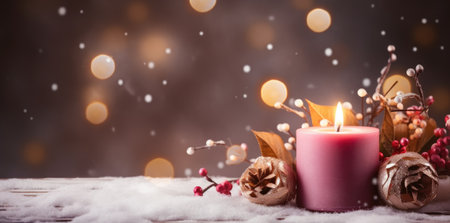 Beautiful candle on the snow With Christmas Decoration. Xmas backdrop. Generative AIの素材