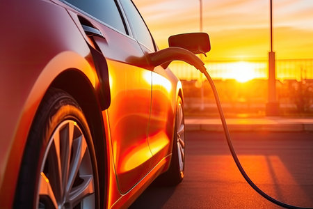 An electric car is charging at an electric station in the city at sunset, future technologies. Generative AIの素材