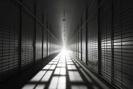Long bright modern corridor with bars. Generative AIの素材