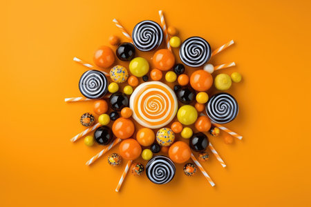 Festive Halloween and chocolate sweets on an orange background. Generative AIの素材