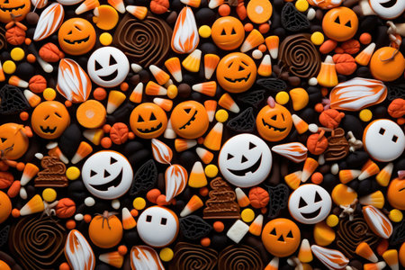 Festive Halloween and chocolate sweets on an orange background. Generative AIの素材