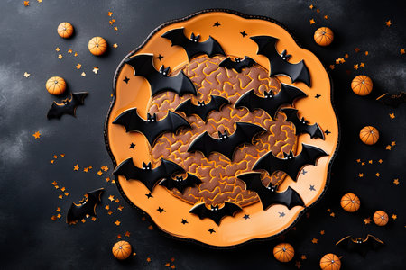 Black and orange Halloween cookies. Sweet bats on the plate. Generative AIの素材