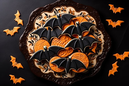 Black and orange Halloween cookies. Sweet bats on the plate. Generative AIの素材