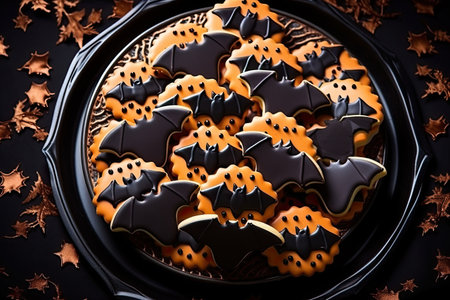 Black and orange Halloween cookies. Sweet bats on the plate. Generative AIの素材