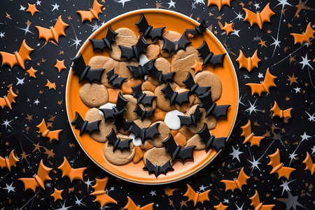 Black and orange Halloween cookies. Sweet bats on the plate. Generative AIの素材