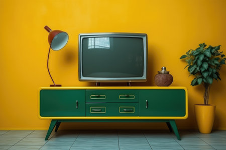 Retro decoration. Yellow and green color in the living room. Generative AIの素材